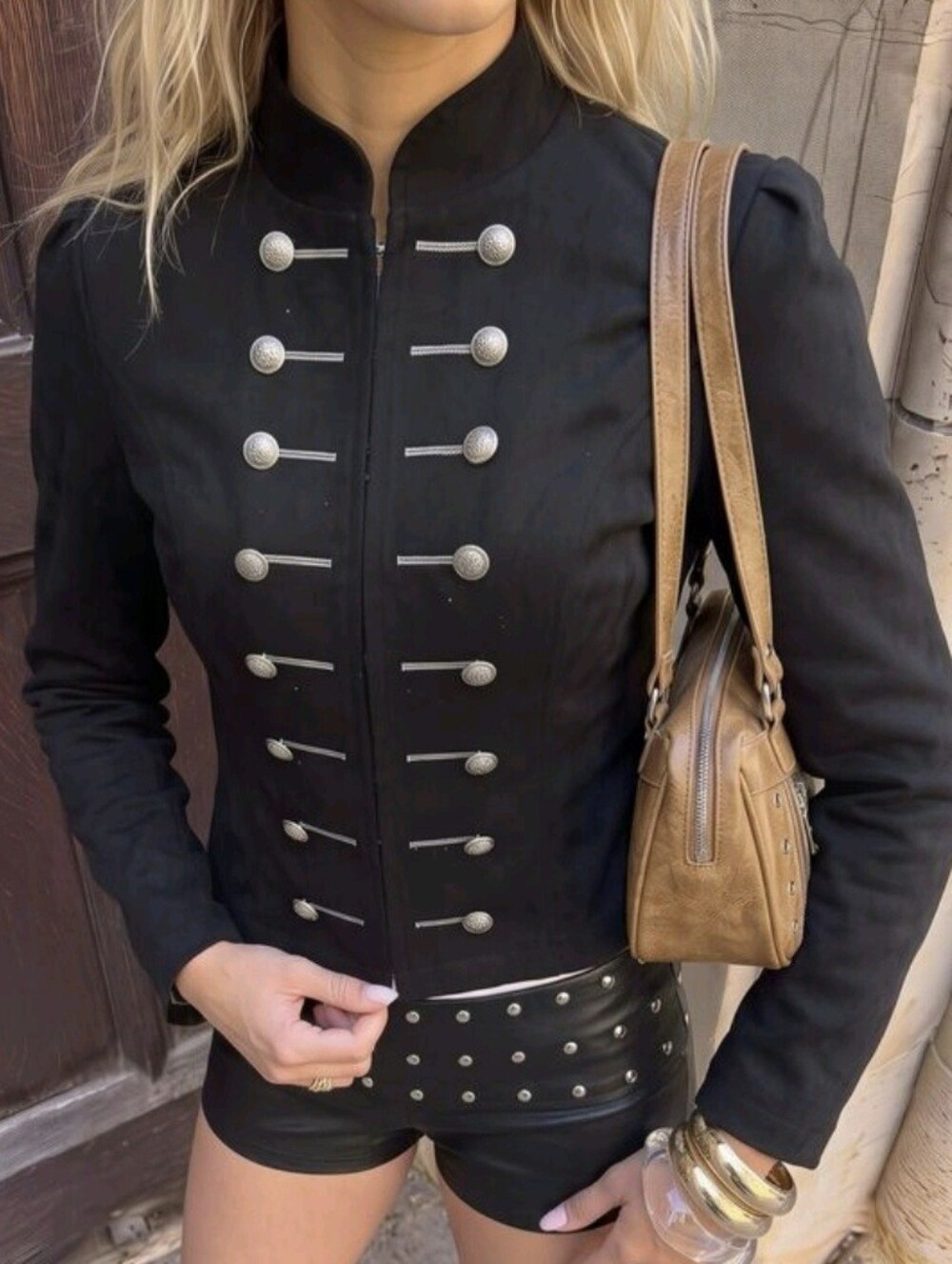 Women's Black Casual Party Knight Jacket With High Stand Collar, Long Sleeve - Picture 6 of 6